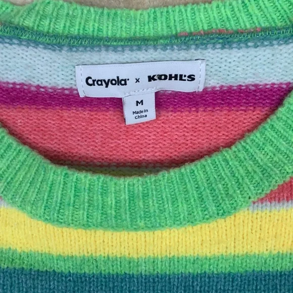 Crayola Colorful Striped Women’s Knit Fuzzy Oversized Crewneck Sweater Size M - Picture 2 of 6